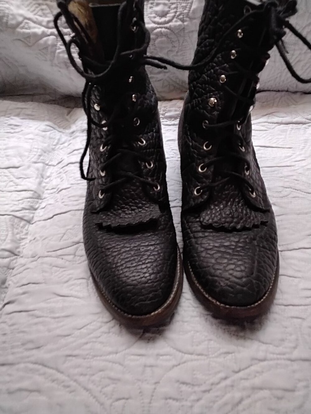 Justin Western 522 Roper Boots Pebbled Bullhide Leather Size 8.5D Lace Up USA